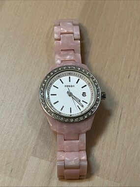 Fossil ES2688 Pave Bezel White Face Analog Watch & Pink Pearly Plastic Band